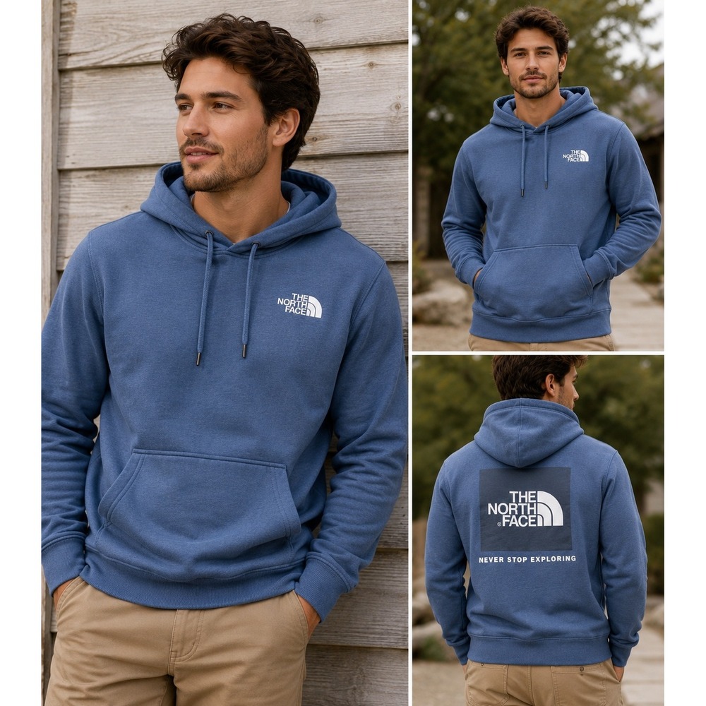 The North Face Men's Blue Pullover Hoodie with White Logo - Large